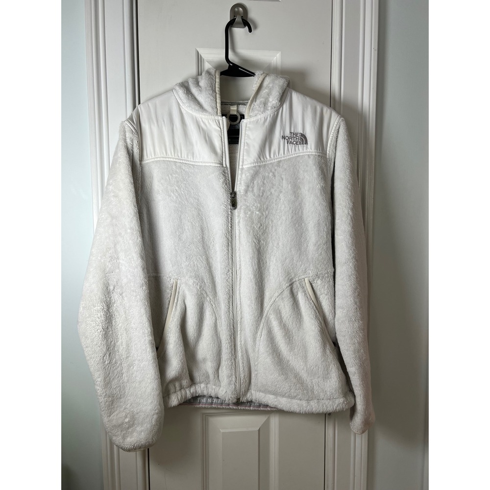 The North Face Womens White Full Zip Hooded Fleece Jacket Large Nylon Overlay